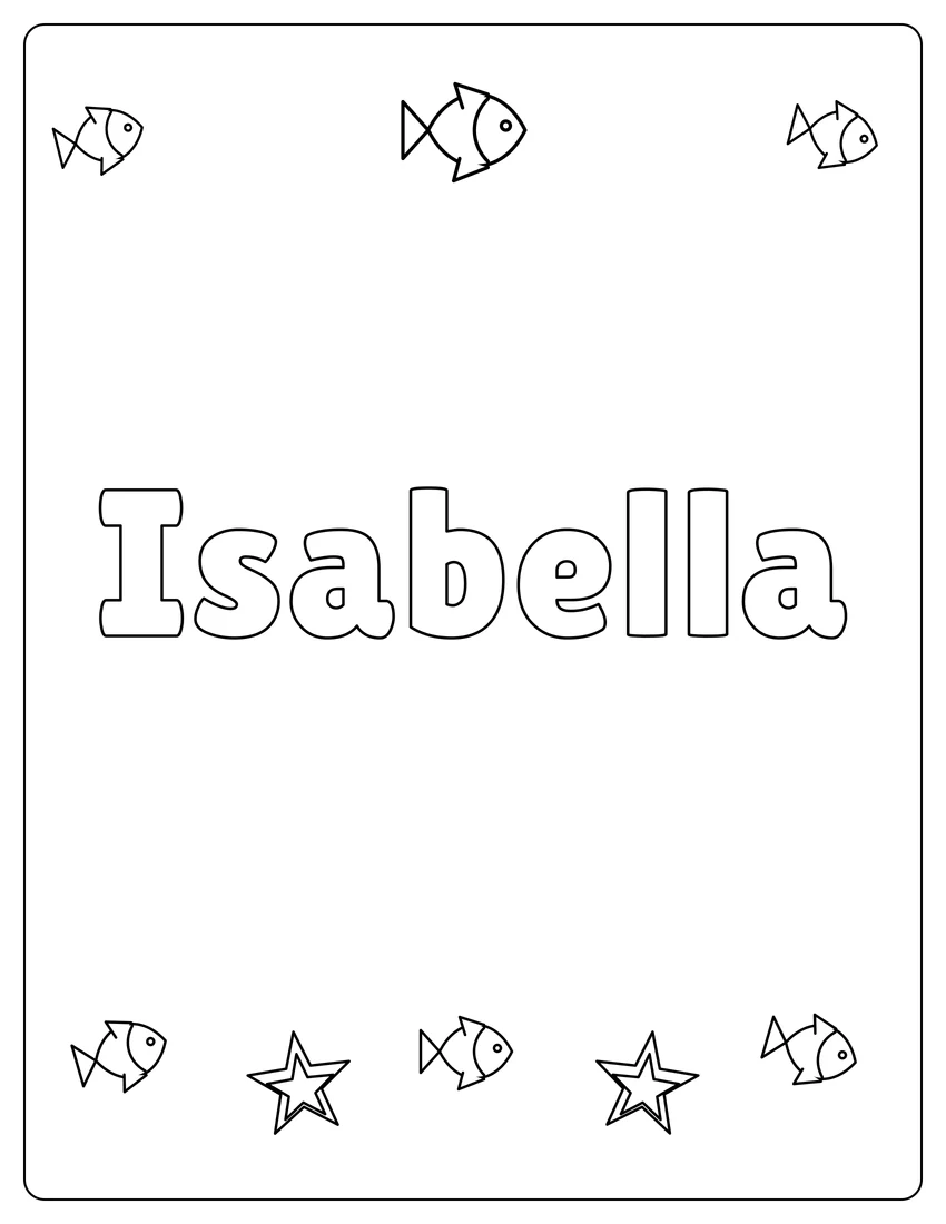 Isabella name coloring page with under the sea and open outlined letters