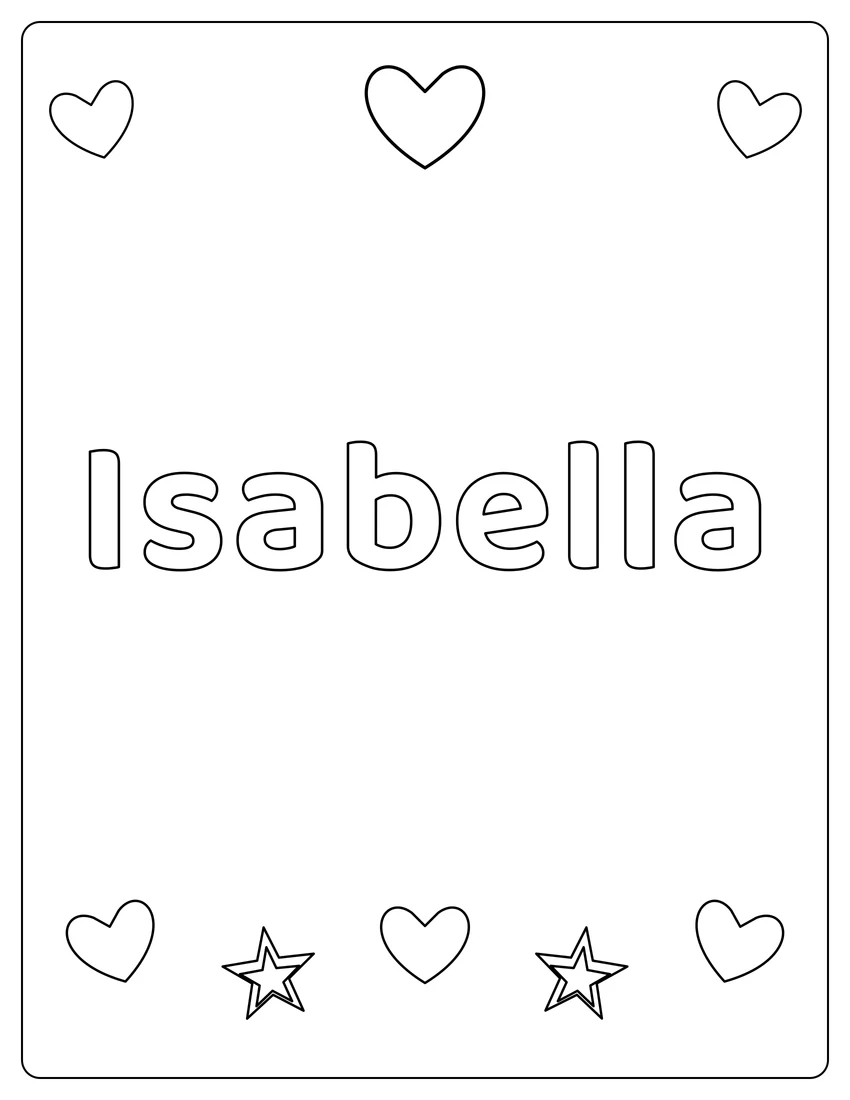 Isabella name coloring page with hearts & love and open outlined letters