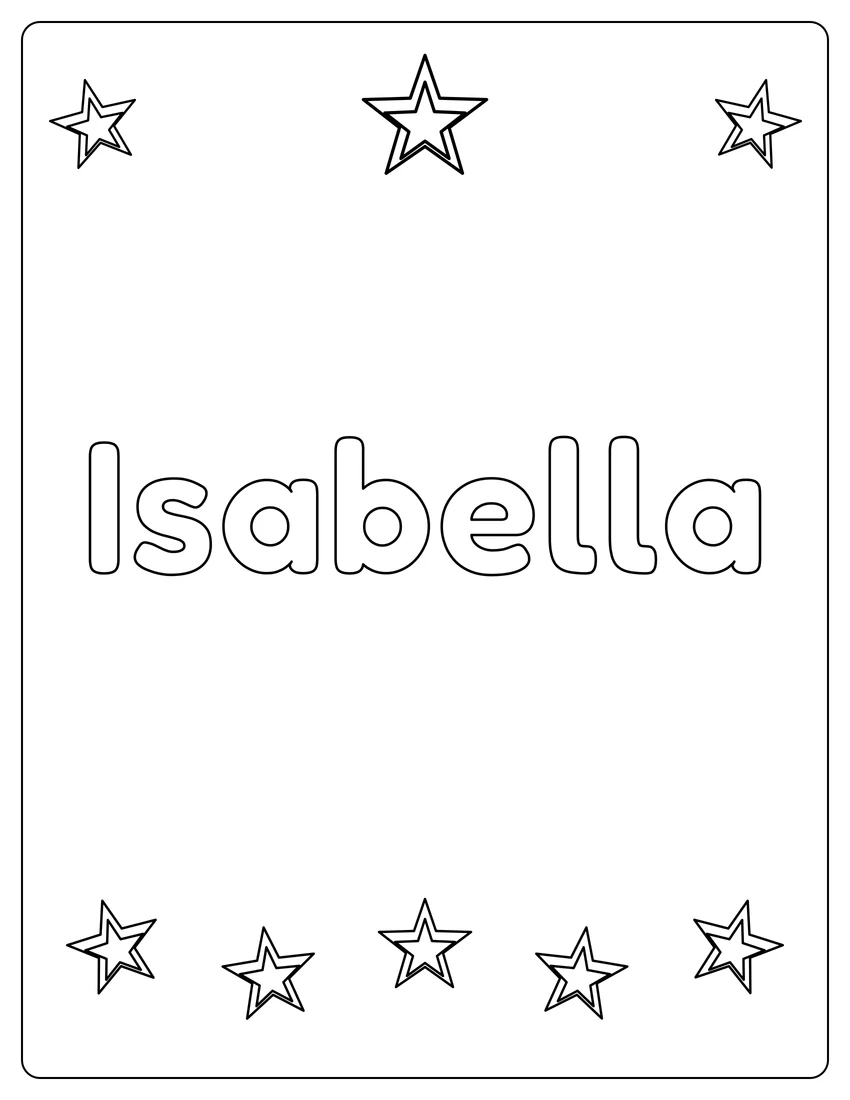 Isabella name coloring page with superstar name and open outlined letters