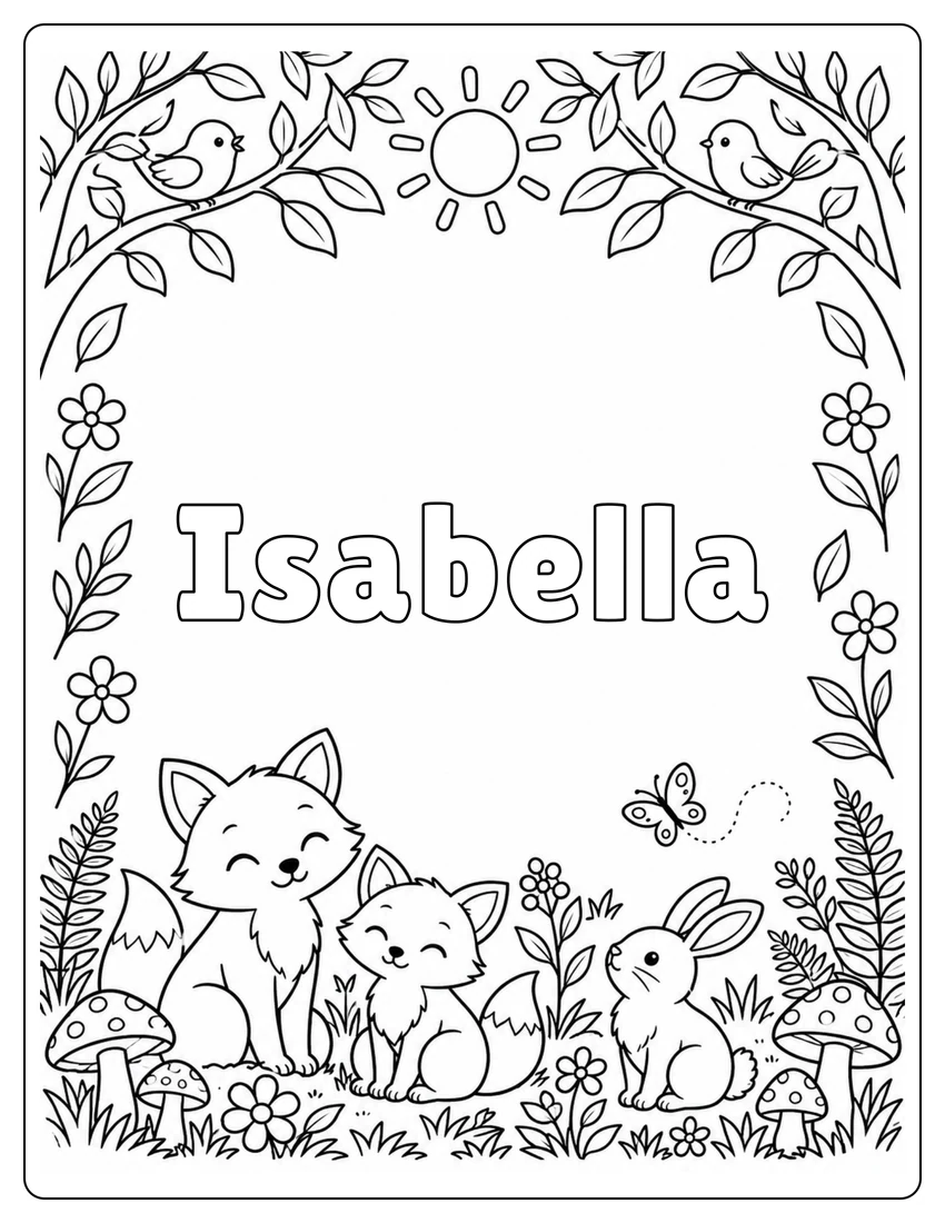 Isabella name coloring page with woodland name and open outlined letters