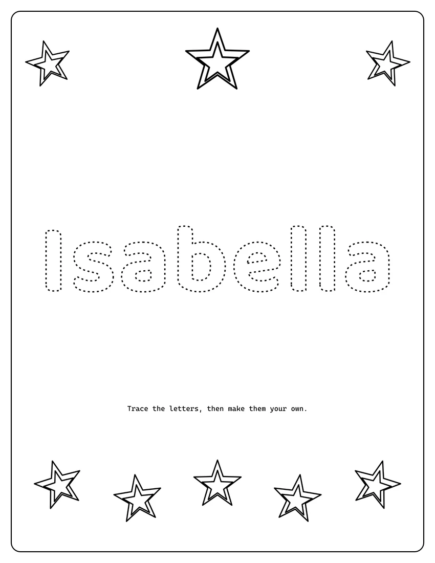 Isabella name coloring page with decorative name tracing and dashed letters