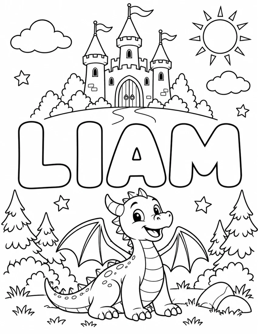 LIAM in hollow bubble letters with friendly dragon and fairytale castle with flags