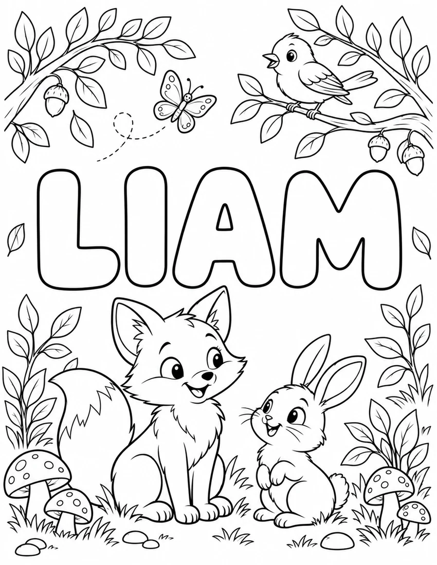 LIAM in hollow bubble letters with woodland fox, rabbit, mushrooms and leafy branches