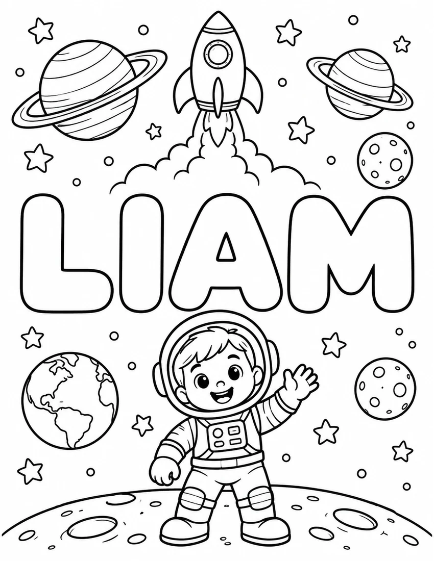 LIAM in hollow bubble letters with rocket launch, smiling astronaut and ringed planets