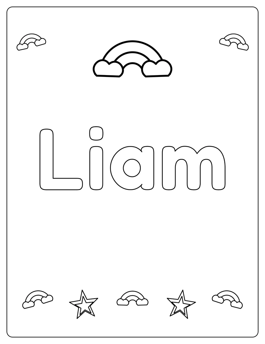 Liam name coloring page with rainbow bubble letters and open outlined letters
