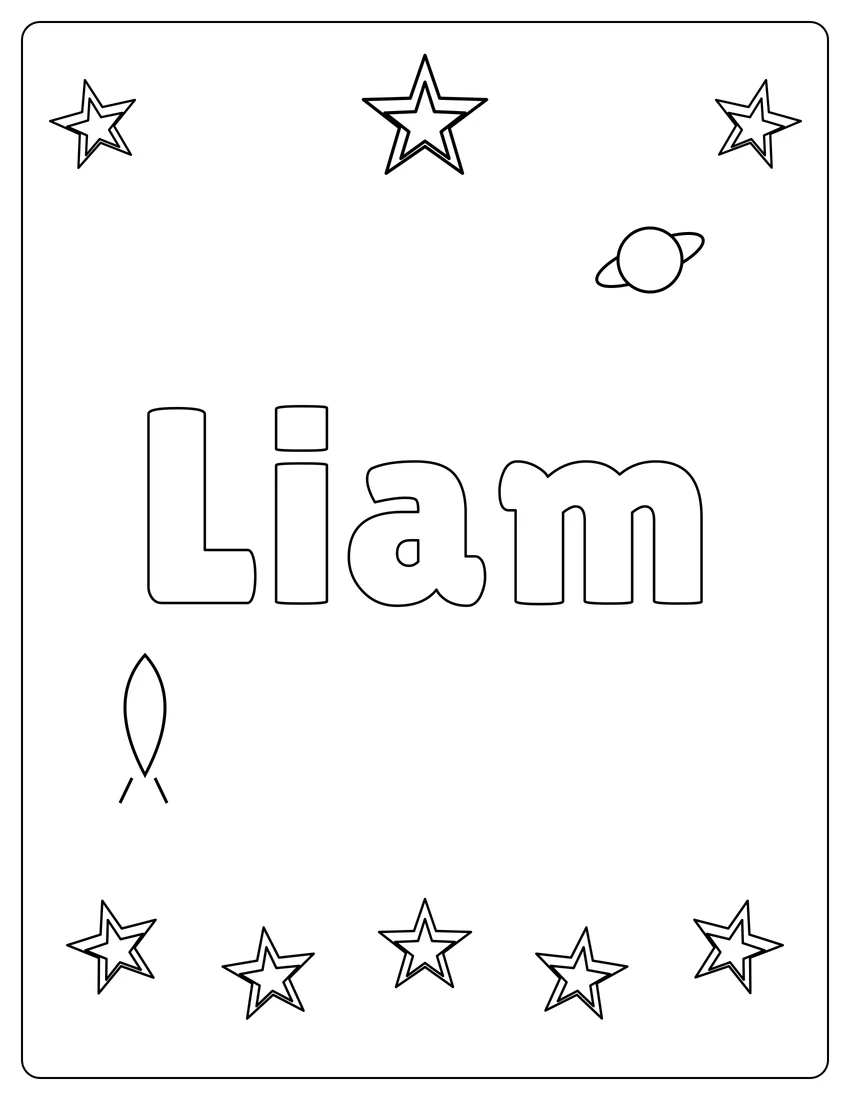 Liam name coloring page with space & planets and open outlined letters