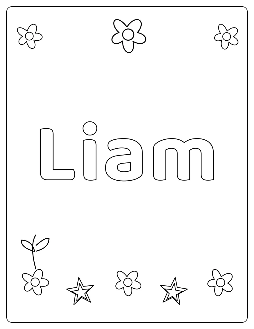 Liam name coloring page with flower garden and open outlined letters
