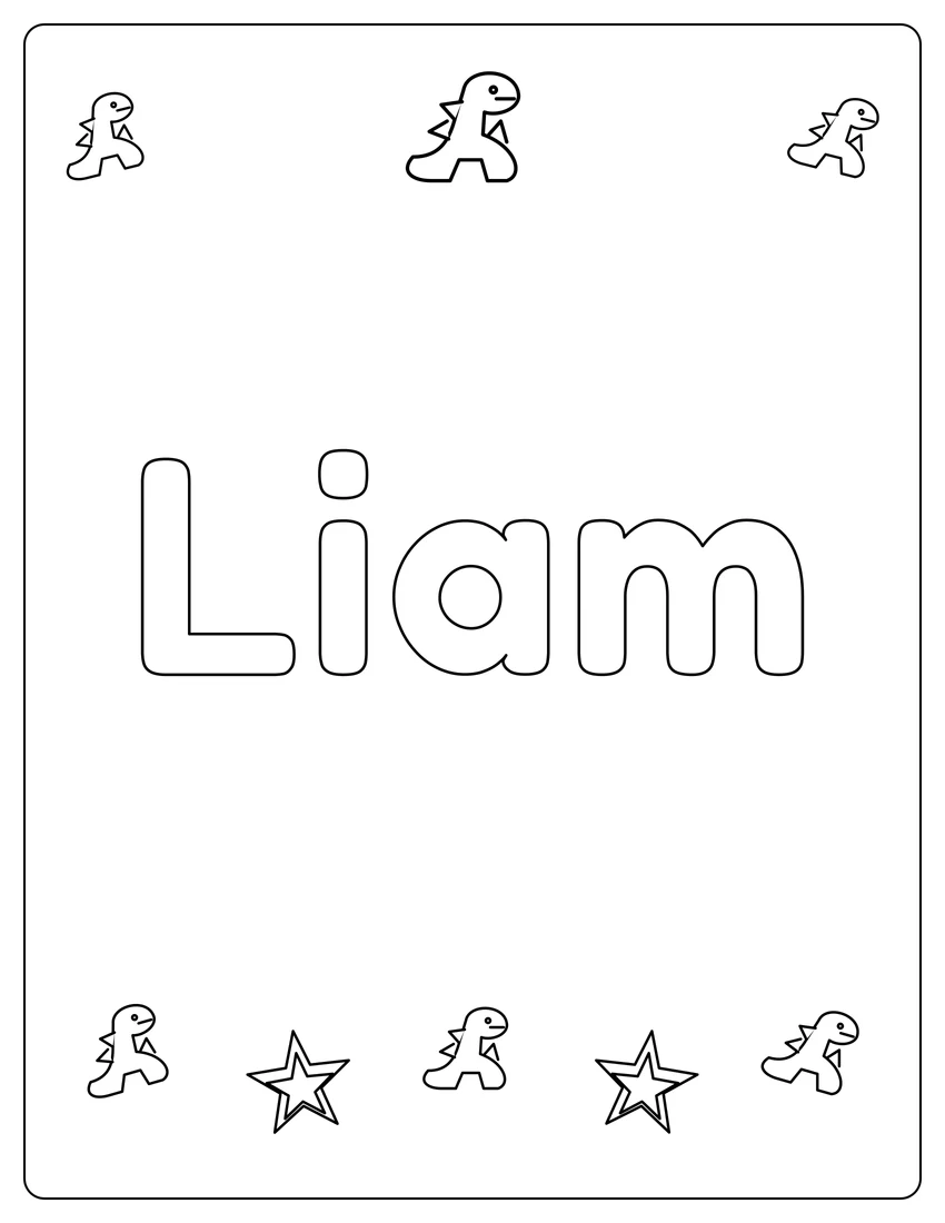 Liam name coloring page with dinosaur friends and open outlined letters