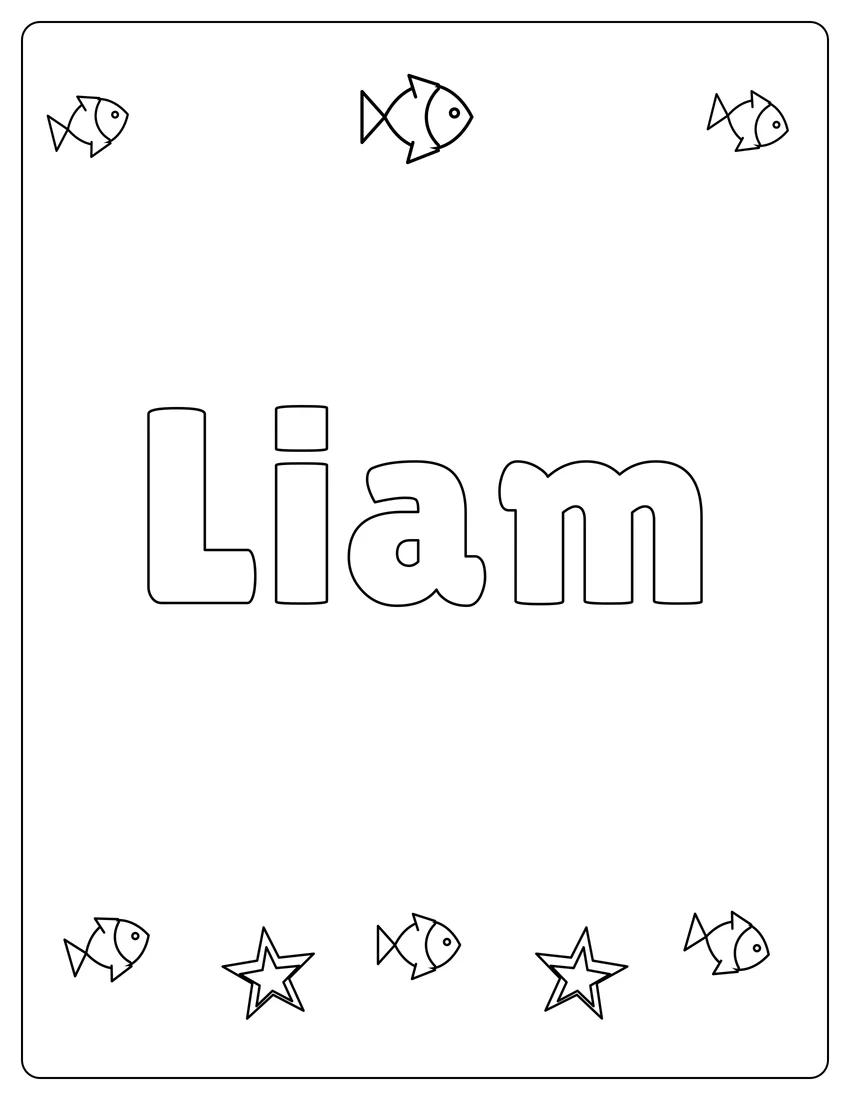 Liam name coloring page with under the sea and open outlined letters