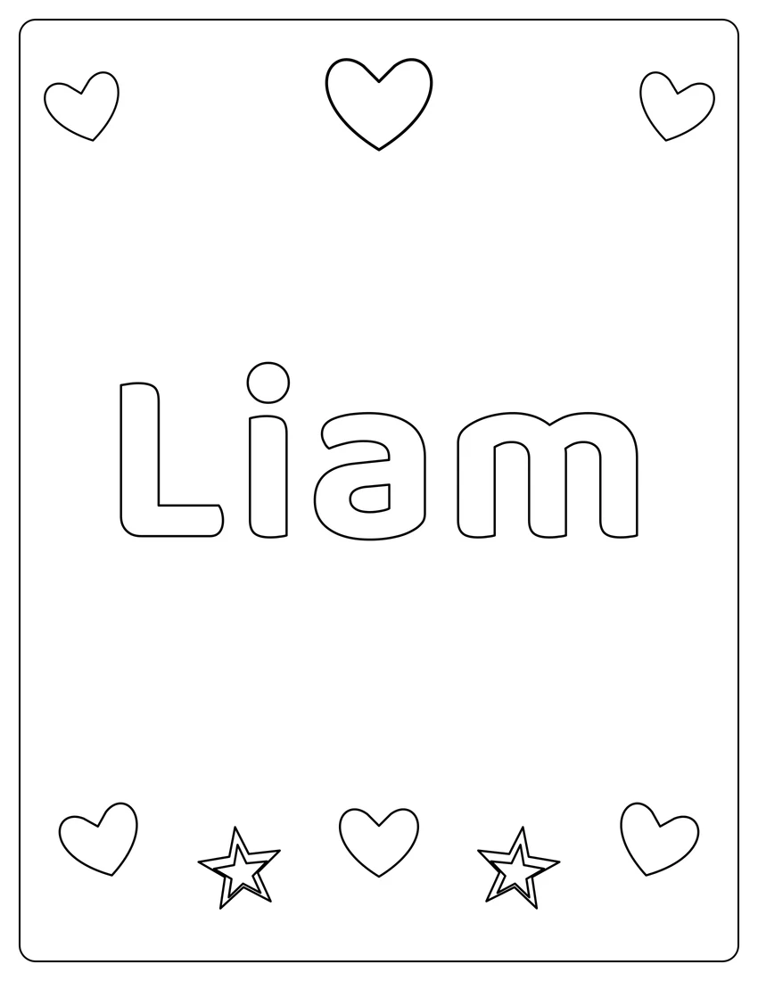Liam name coloring page with hearts & love and open outlined letters