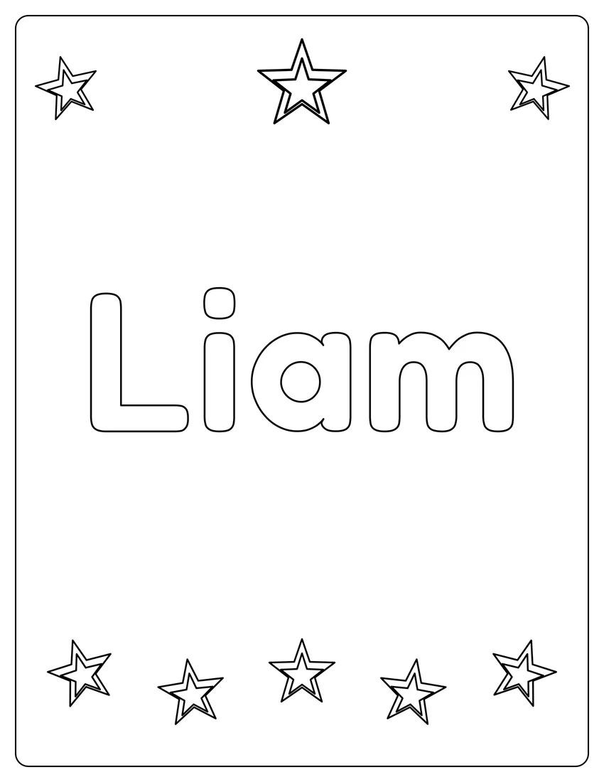 Liam name coloring page with superstar name and open outlined letters