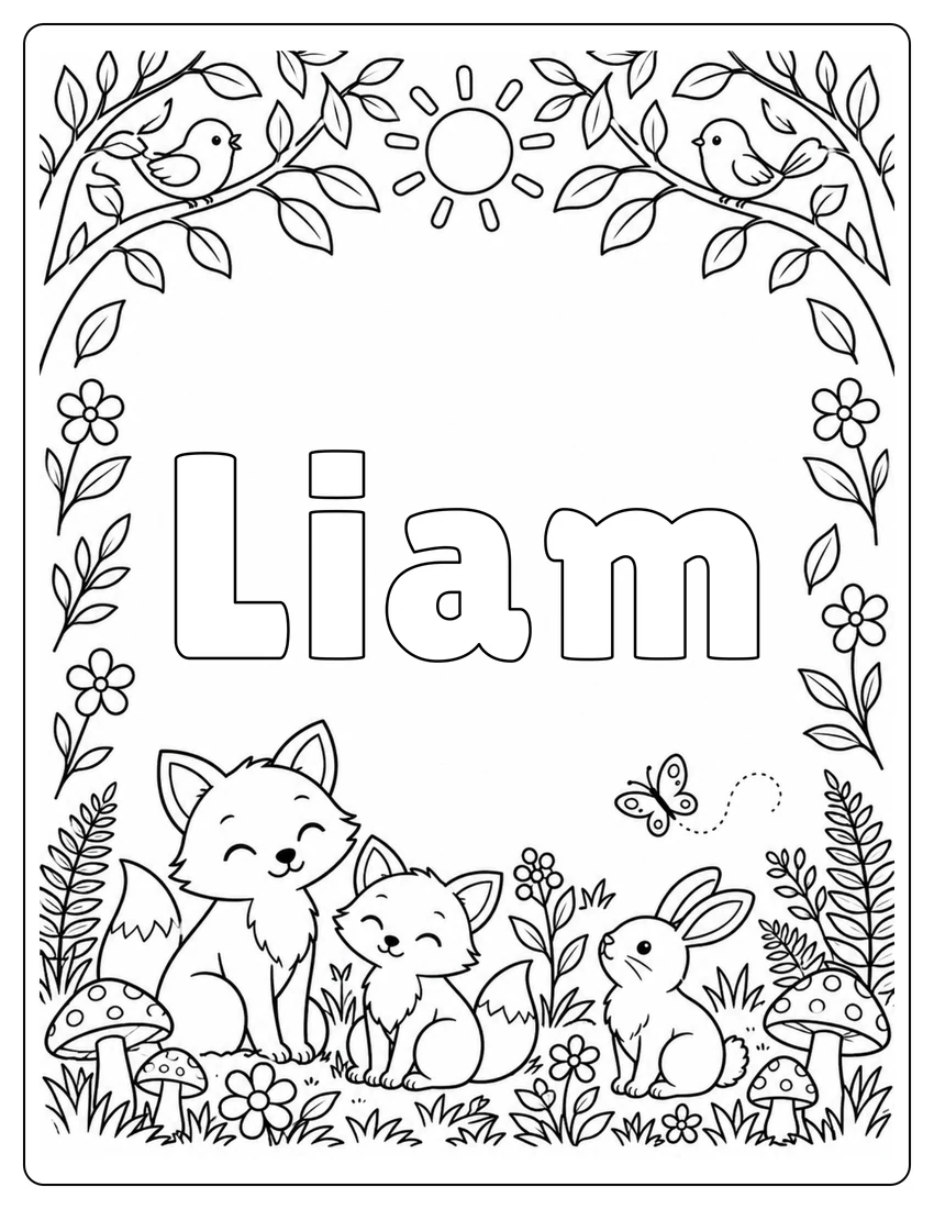 Liam name coloring page with woodland name and open outlined letters