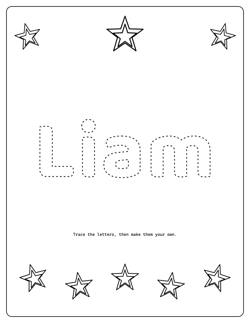 Liam name coloring page with decorative name tracing and dashed letters