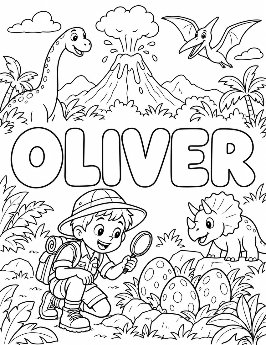 OLIVER in hollow bubble letters with dinosaur explorer with a volcano and dinosaur eggs