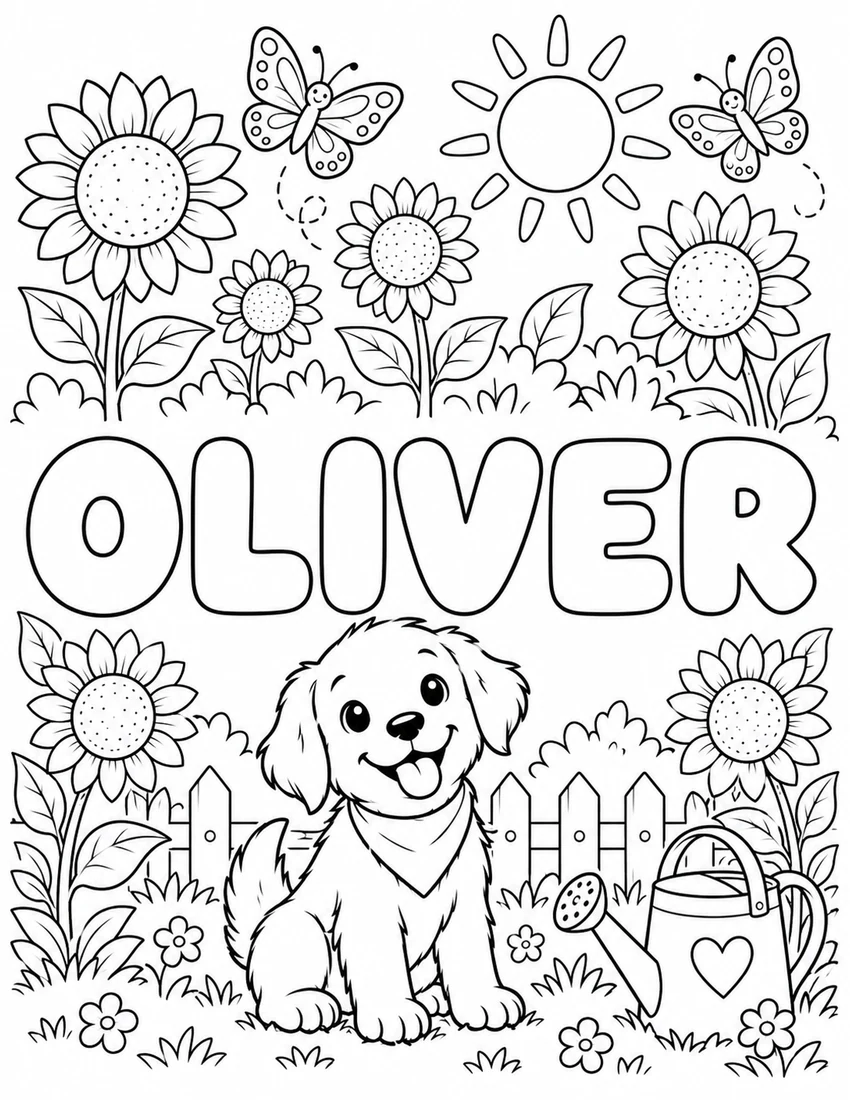 OLIVER in hollow bubble letters with garden of sunflowers, butterflies and a watering can