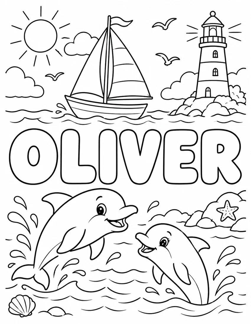 OLIVER in hollow bubble letters with sailboat, lighthouse and friendly dolphins