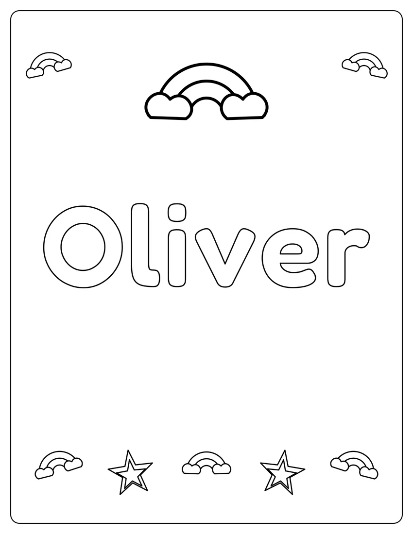 Oliver name coloring page with rainbow bubble letters and open outlined letters