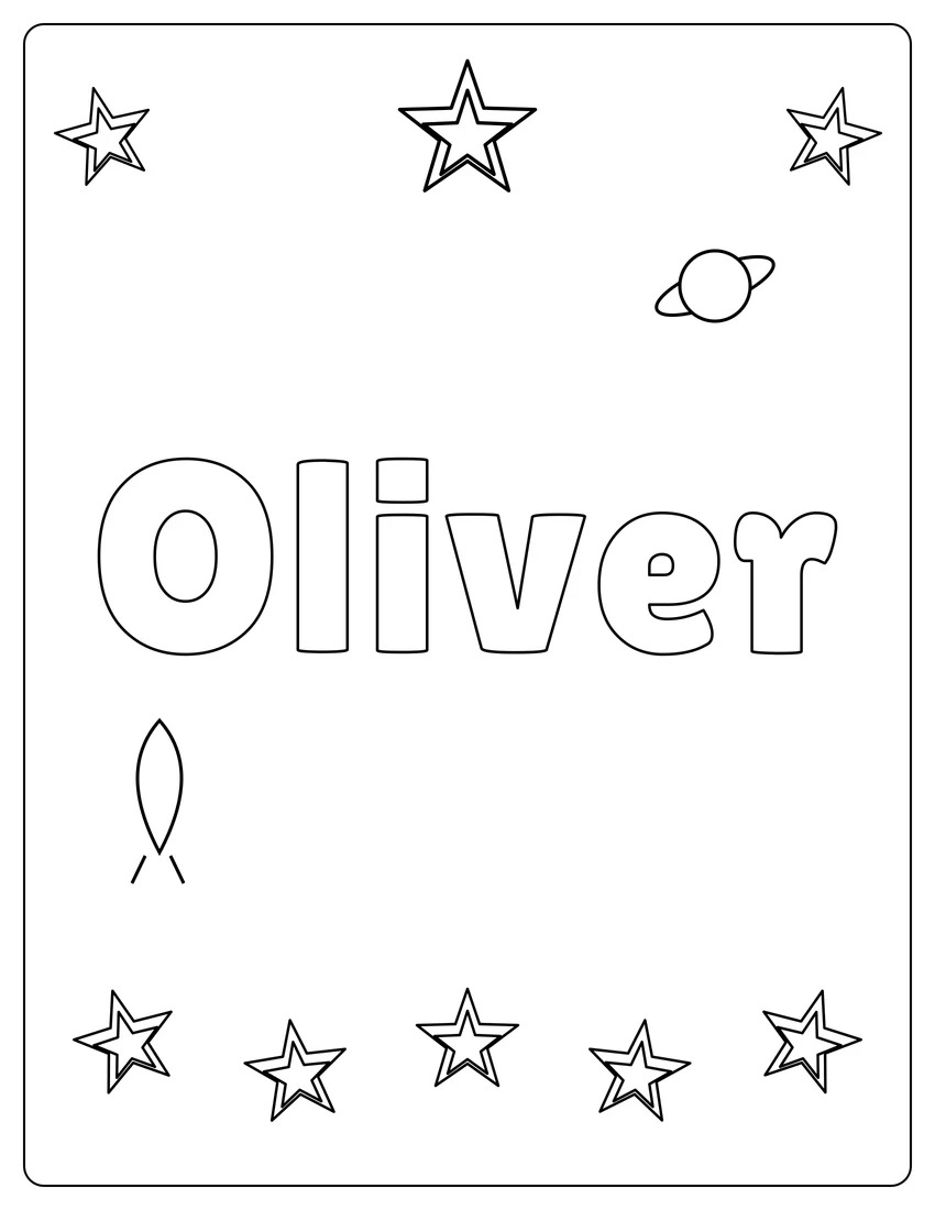 Oliver name coloring page with space & planets and open outlined letters