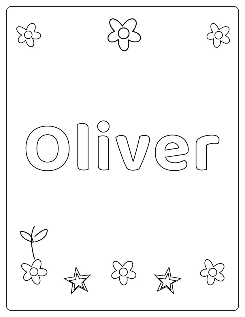 Oliver name coloring page with flower garden and open outlined letters