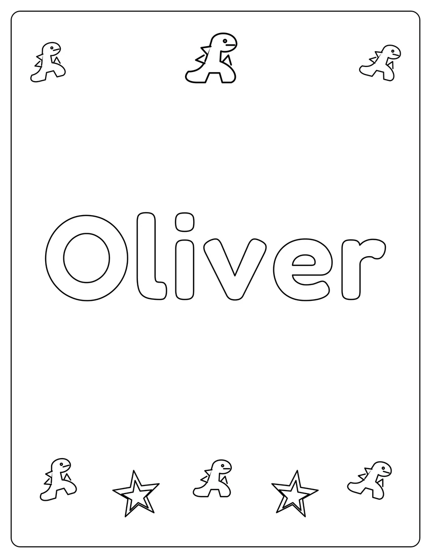 Oliver name coloring page with dinosaur friends and open outlined letters