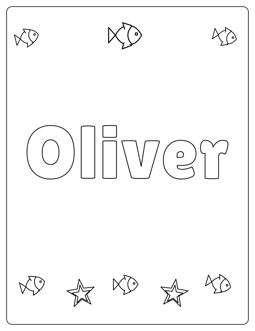 Oliver name coloring page with under the sea and open outlined letters