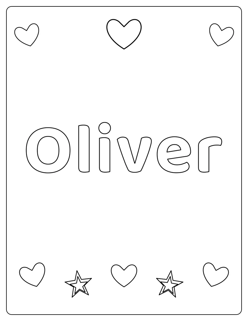Oliver name coloring page with hearts & love and open outlined letters