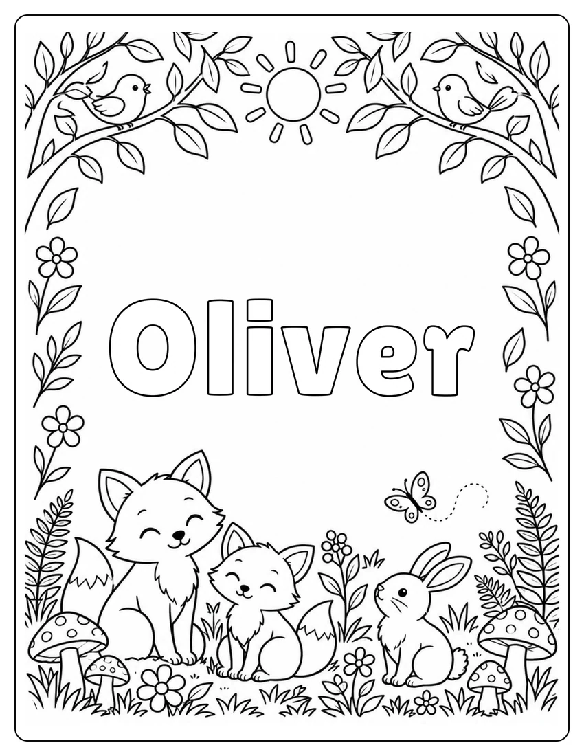 Oliver name coloring page with woodland name and open outlined letters