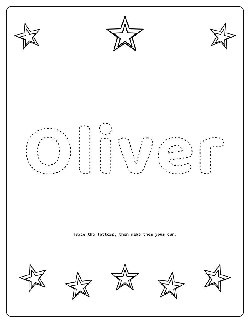 Oliver name coloring page with decorative name tracing and dashed letters