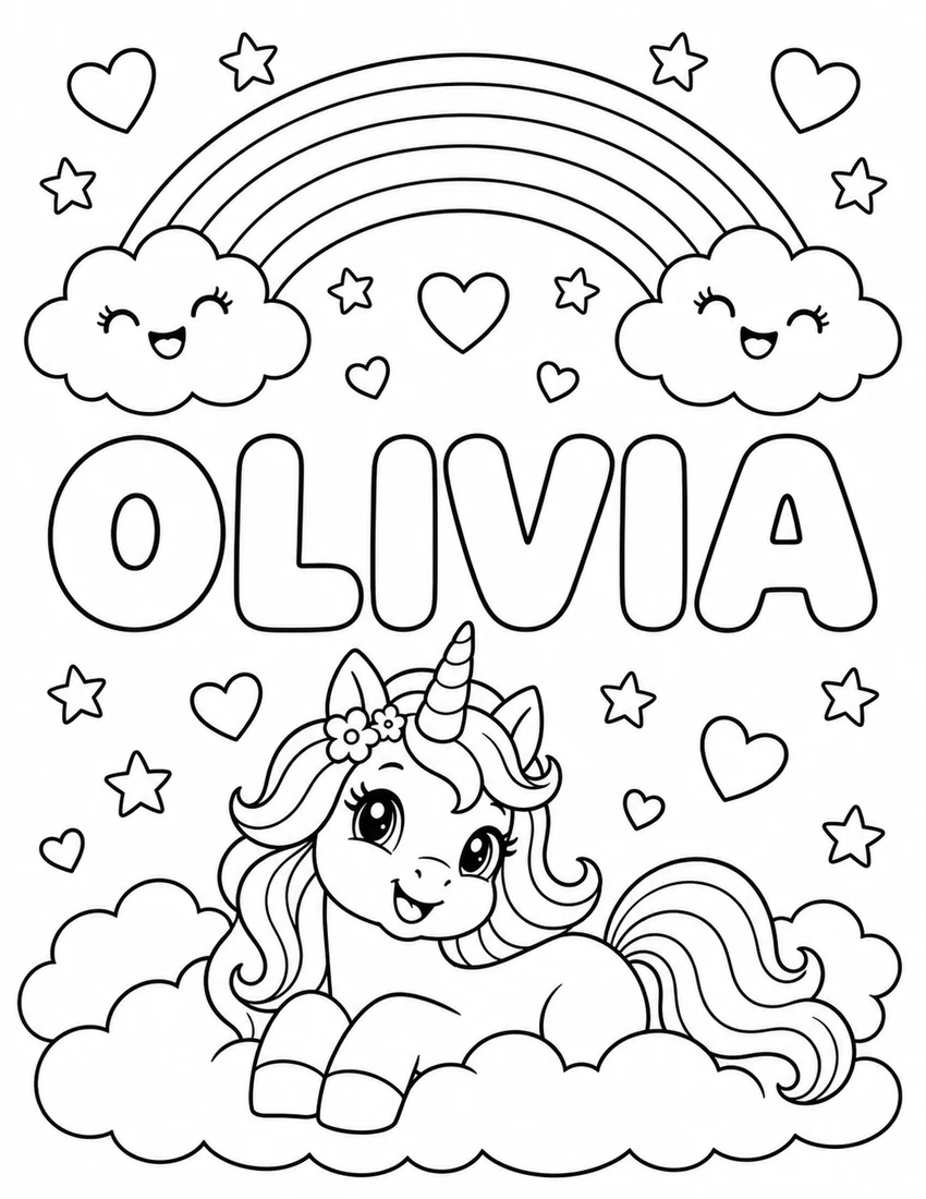 OLIVIA in hollow bubble letters with unicorn, rainbow and fluffy clouds
