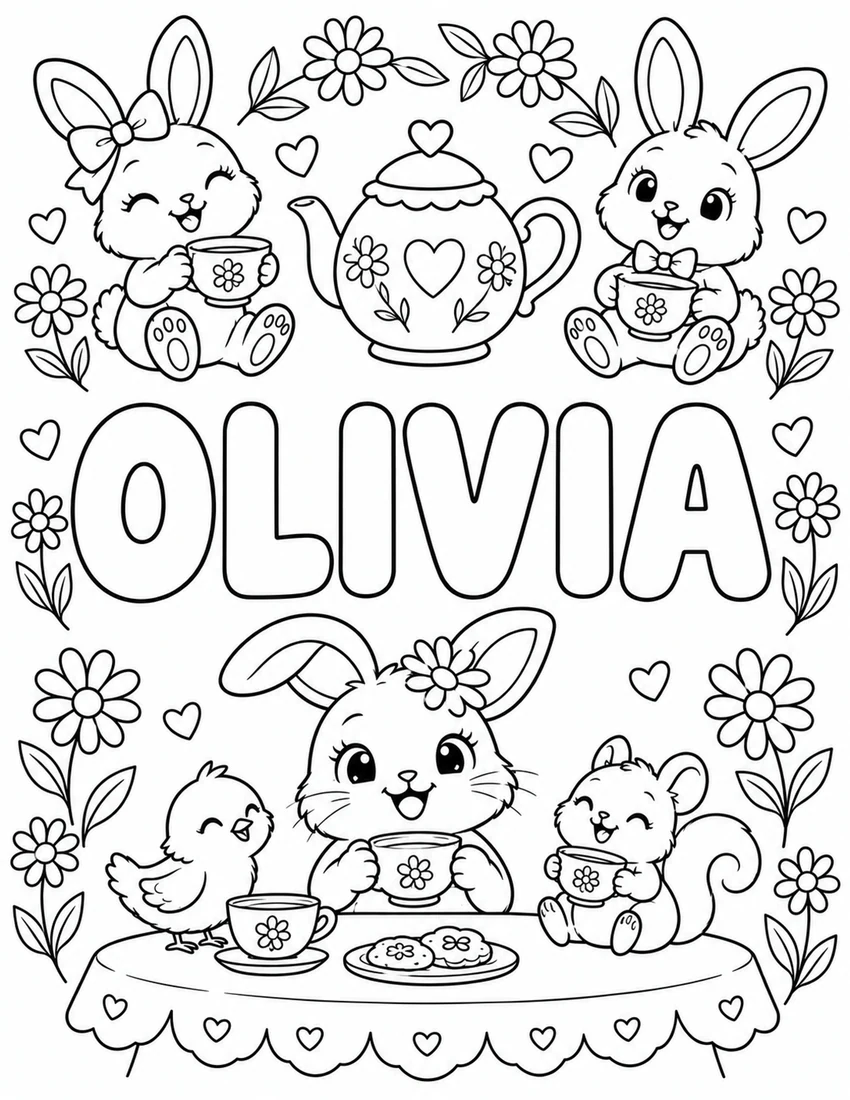 OLIVIA in hollow bubble letters with bunny tea party with teacups and daisies