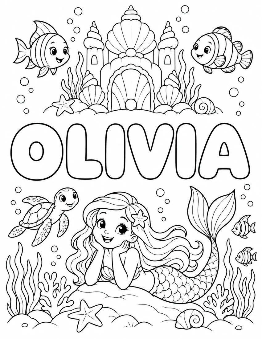 OLIVIA in hollow bubble letters with mermaid beside a shell palace and tropical fish