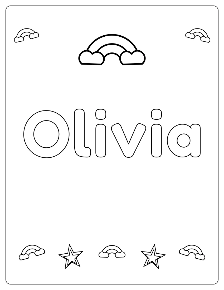 Olivia name coloring page with rainbow bubble letters and open outlined letters