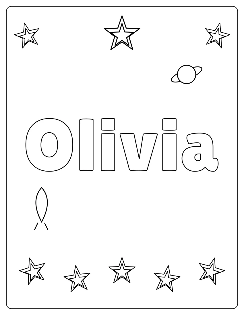 Olivia name coloring page with space & planets and open outlined letters