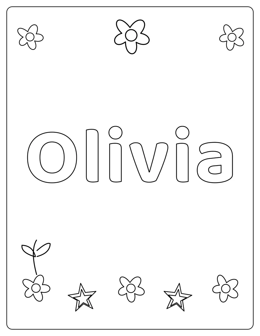 Olivia name coloring page with flower garden and open outlined letters