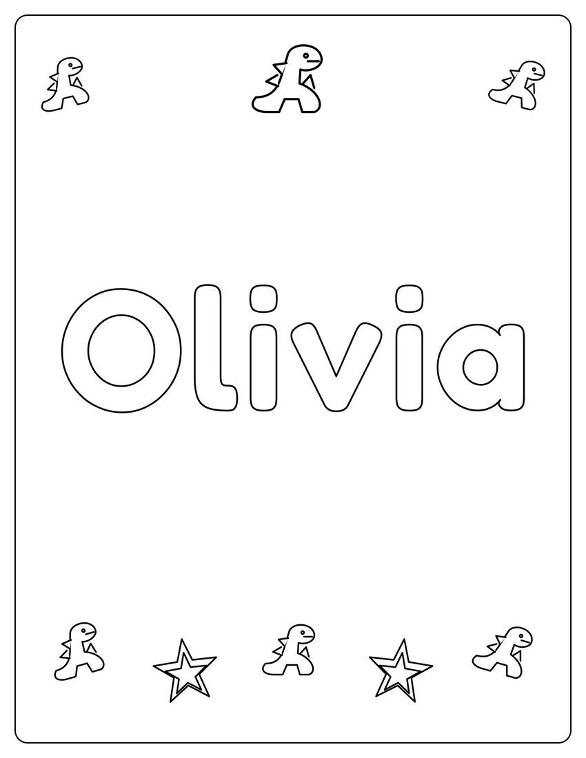 Olivia name coloring page with dinosaur friends and open outlined letters