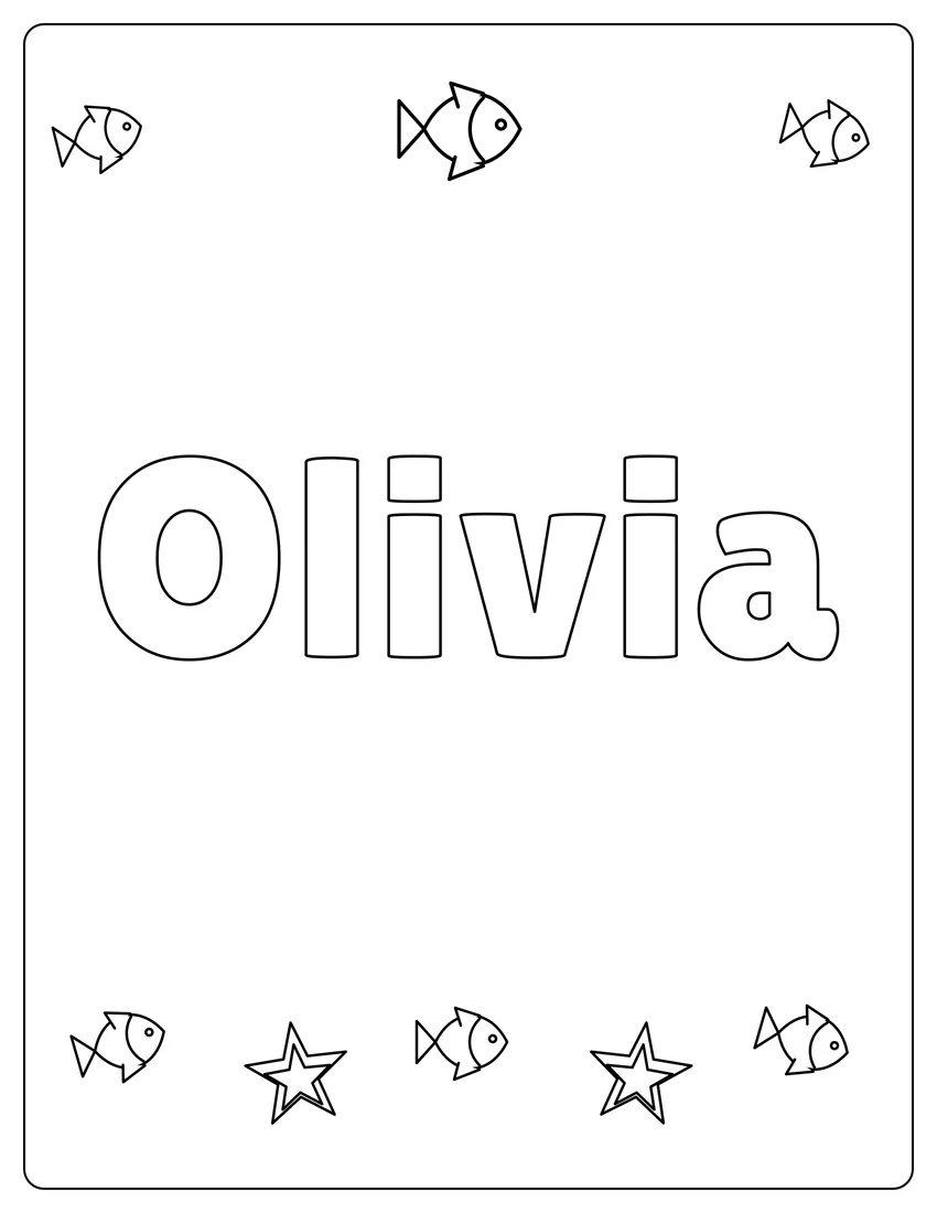 Olivia name coloring page with under the sea and open outlined letters