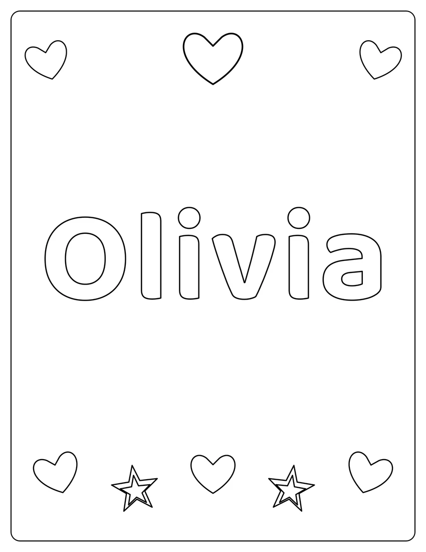 Olivia name coloring page with hearts & love and open outlined letters