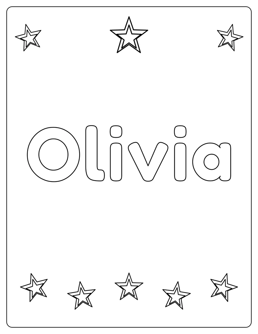 Olivia name coloring page with superstar name and open outlined letters