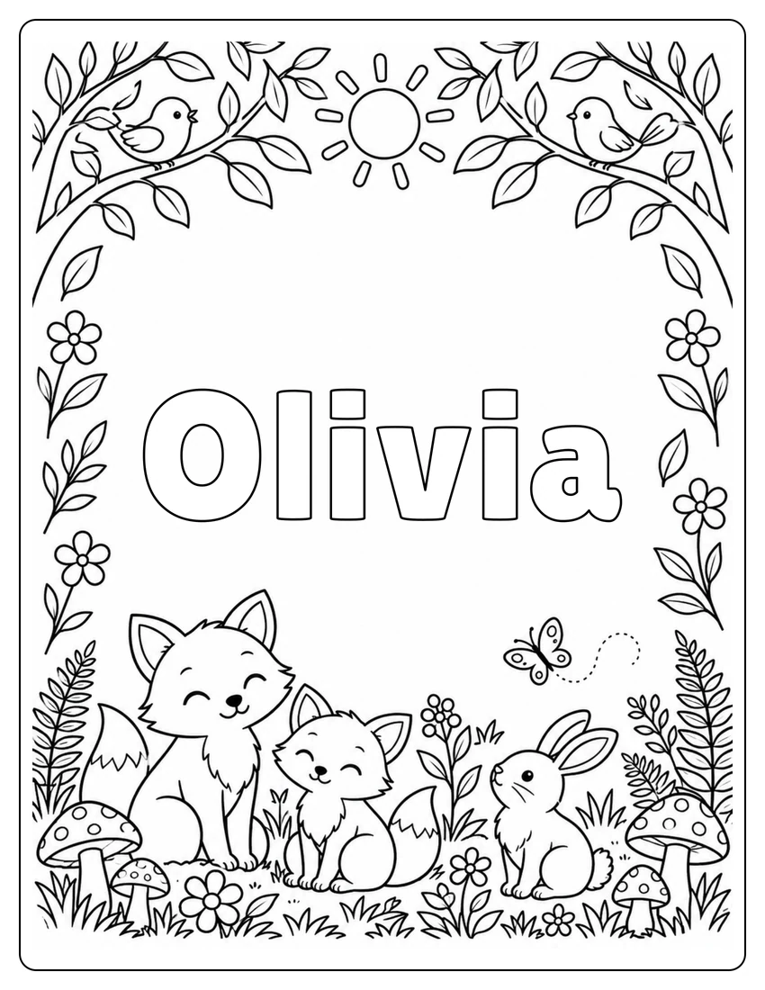 Olivia name coloring page with woodland name and open outlined letters