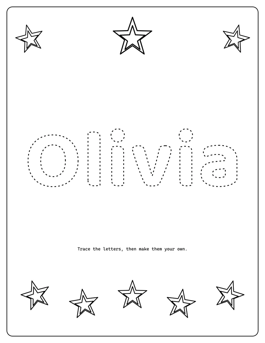 Olivia name coloring page with decorative name tracing and dashed letters