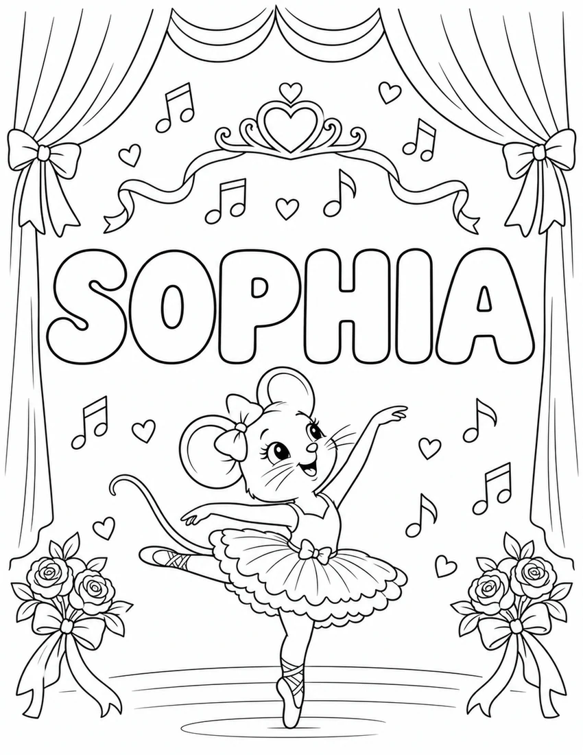 SOPHIA in hollow bubble letters with ballet mouse, music notes and a theater curtain