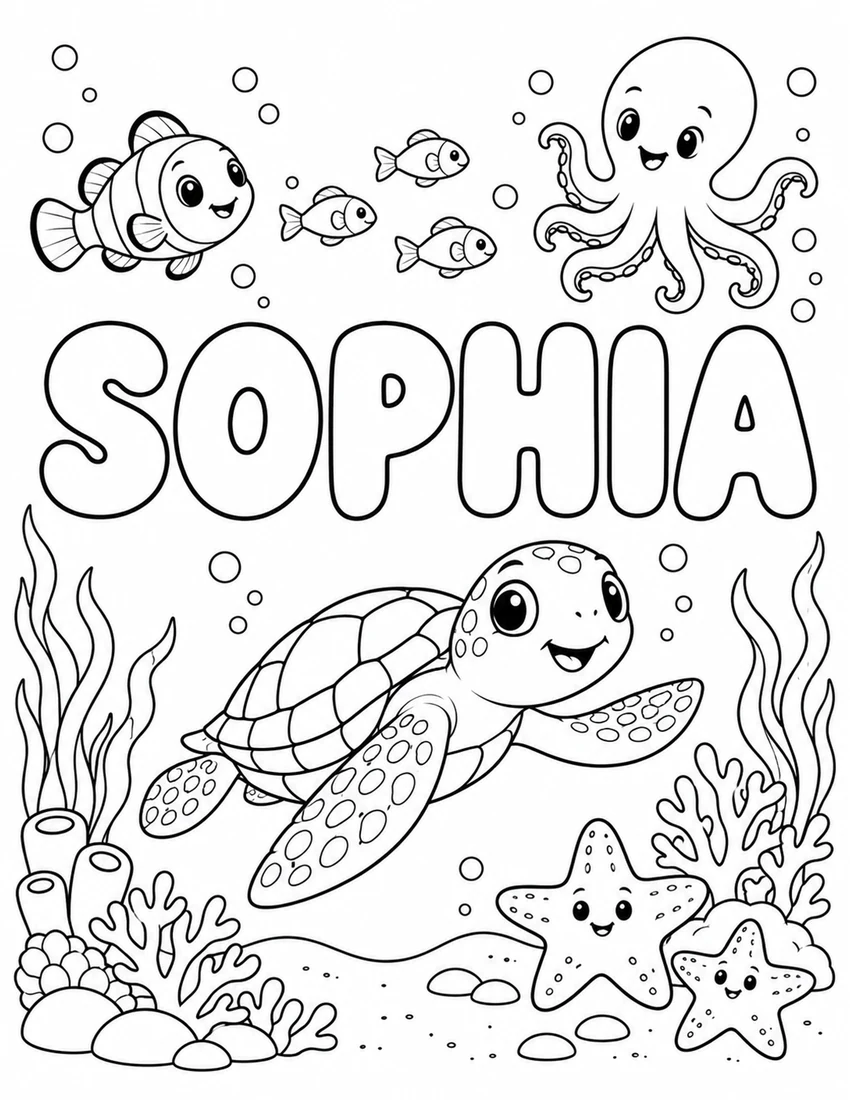 SOPHIA in hollow bubble letters with sea turtle swimming among coral and starfish