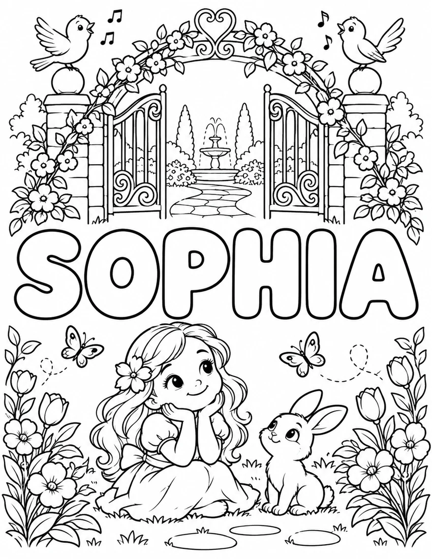 SOPHIA in hollow bubble letters with an enchanted garden gate with songbirds and winding flowers