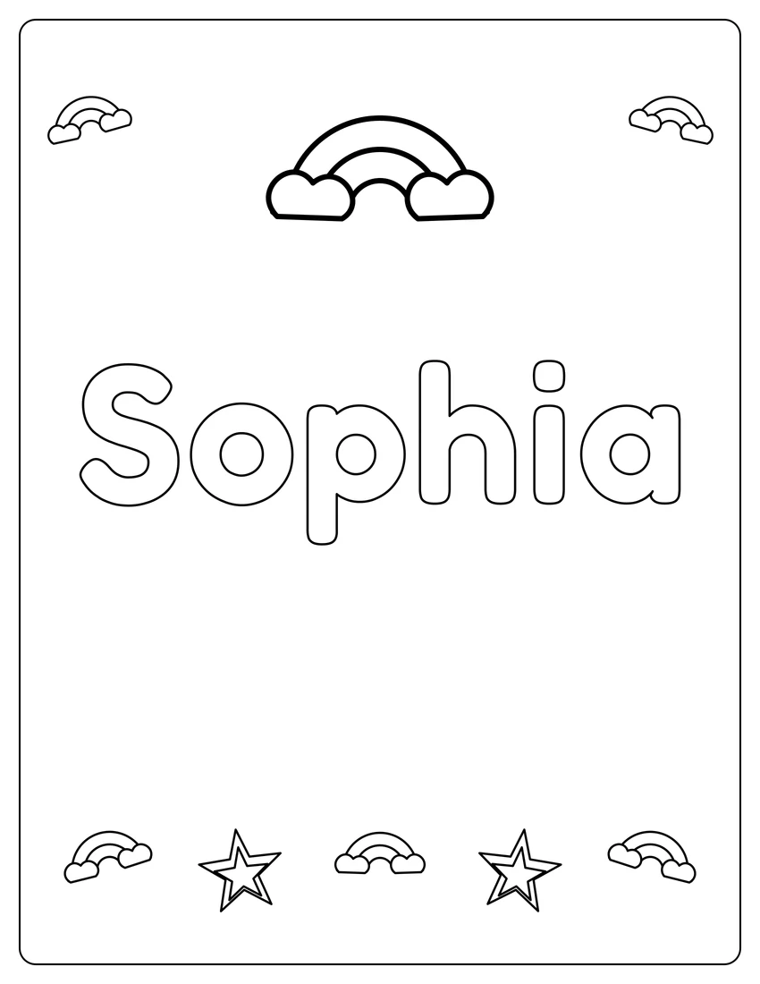 Sophia name coloring page with rainbow bubble letters and open outlined letters
