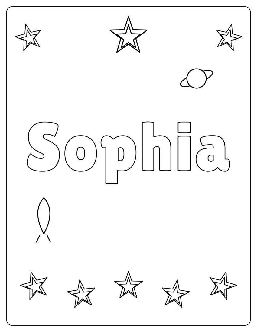 Sophia name coloring page with space & planets and open outlined letters