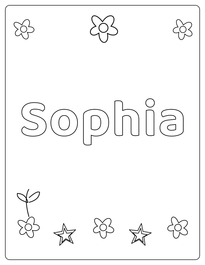 Sophia name coloring page with flower garden and open outlined letters