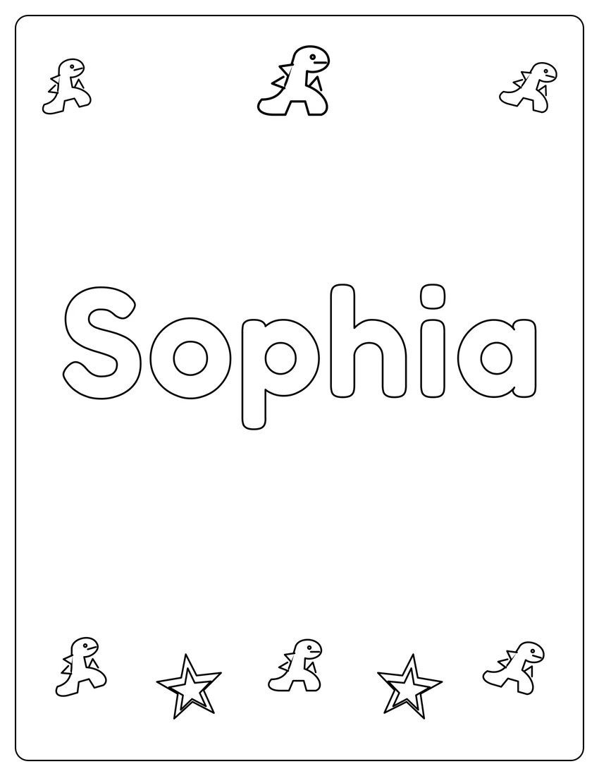 Sophia name coloring page with dinosaur friends and open outlined letters