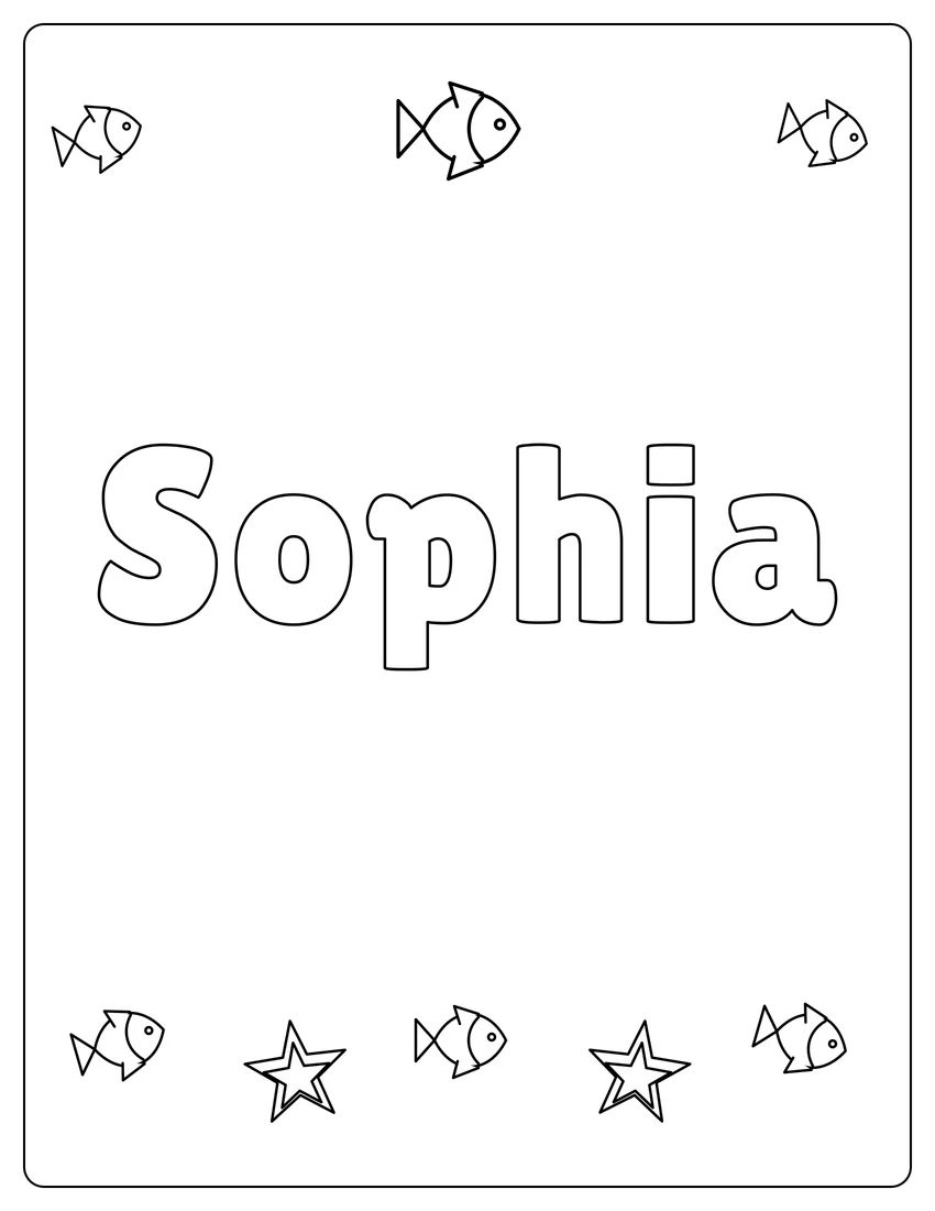 Sophia name coloring page with under the sea and open outlined letters