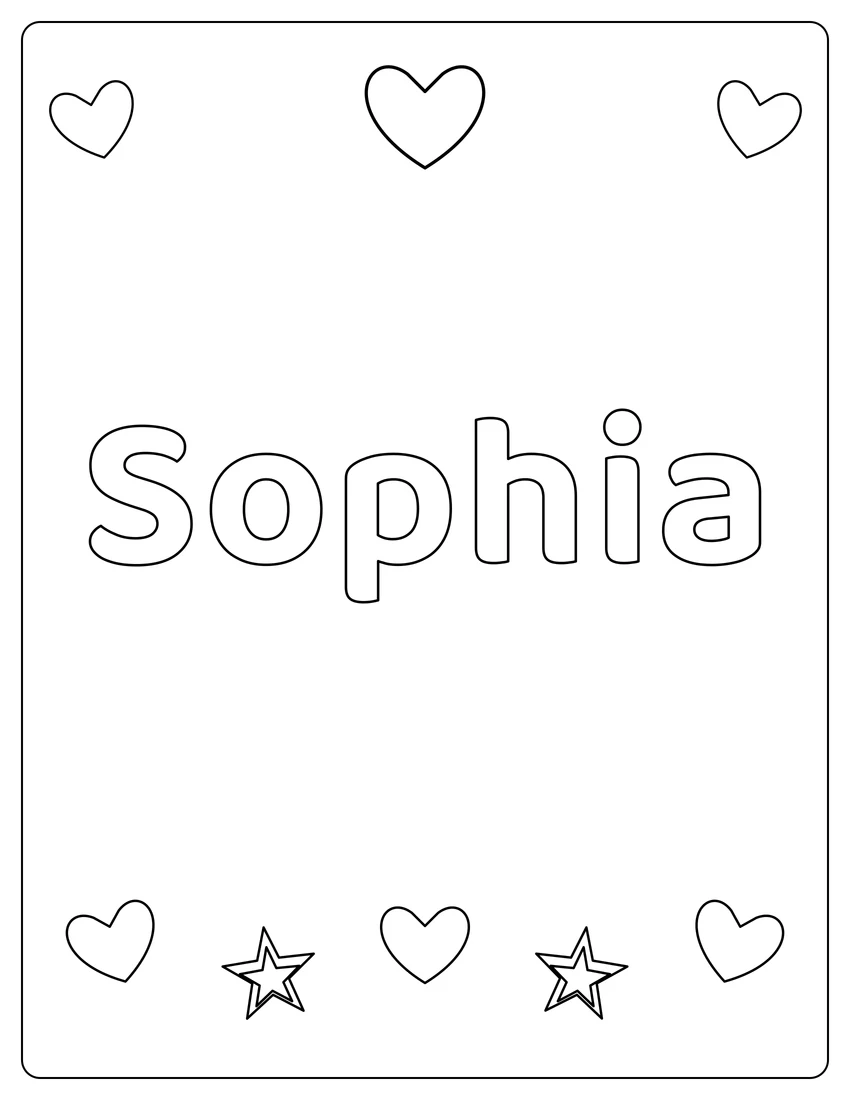 Sophia name coloring page with hearts & love and open outlined letters