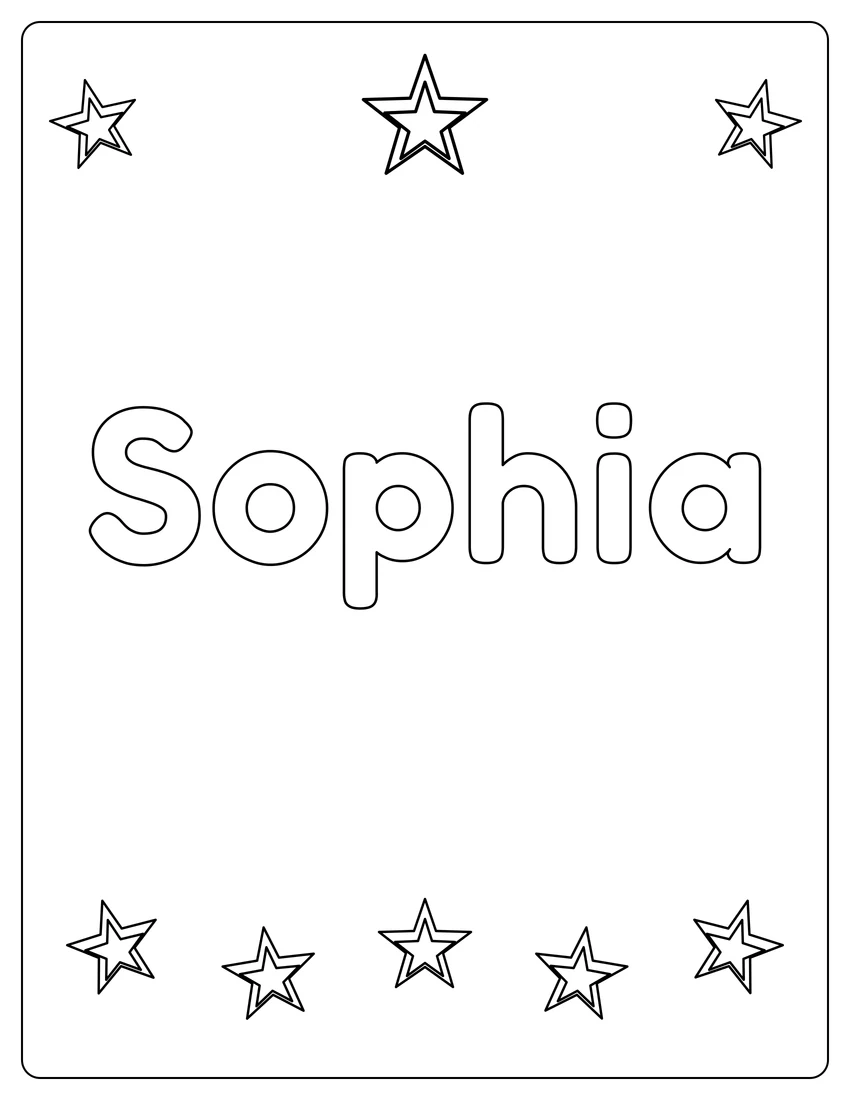 Sophia name coloring page with superstar name and open outlined letters